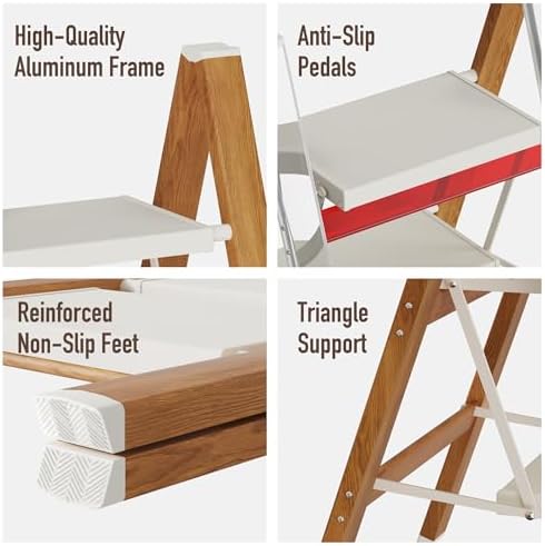 2 Step Lightweight Aluminum Folding Ladder, Portable Step Stool with Anti-Slip Pedals, 330 lbs Capacity for Home, Office, Kitchen（White&Woodgrain） - Image 7