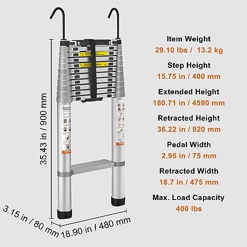 VEVOR Telescoping Ladder, 15 FT Aluminum Collapsible Extension Ladder, 400 LBS Capacity with Non-Slip Feet, Portable Multi-Purpose Compact Ladder for Home, RV, Loft, ANSI Liste… - Image 7
