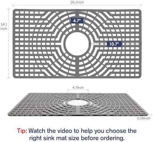 Silicone Sink Protector 26"x14" Center Drain Hole, Heat Resistant Non-slip Dishwasher Suitable, Large Mat for Bottom of Farmhouse Kitchen Stainless Steel Sink(Grey) - Image 2