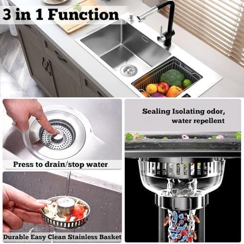 Upgraded 3 in 1 Kitchen Sink Drain Strainer Stopper, Brushed Stainless Steel SUS 304 Pop Up Sink Drain Stopper for Standard 3-1/2 Inch Drain Anti-Clogging Odor Prevention - Image 2