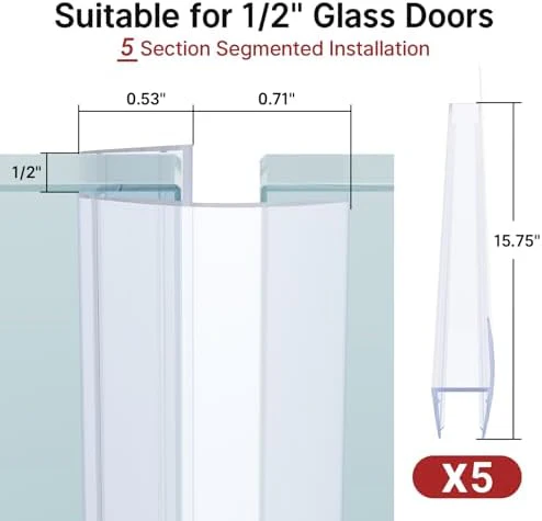 AmazerBath 5 PCS Shower Door Side Seal Strip -15.75 Inches x 5, 5 Sections Segmented Shower Installation Kit, Frameless Glass Door Seal Strip - Suitable for 1/2 Inch Glass - Image 4