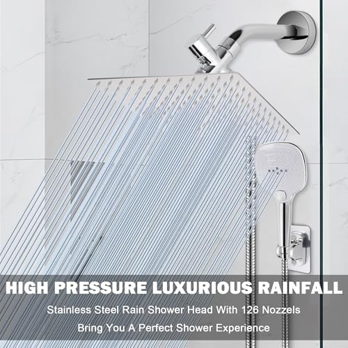 NearMoon Shower Head with Hose, High Pressure Stainless Steel Rain Shower and 3 Settings Handheld Spray Combo with Push Button Flow Control (12 Inch Showerhead Set, Chrome Finish) - Image 2
