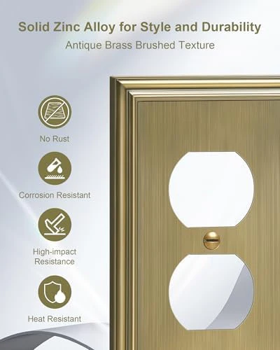 4-Pack Duplex Outlet Covers, Decorative Wall Plates for Electrical Outlets, Antique Brass Switch Plates and Outlet Covers, Durable Zinc Alloy Receptacle Cover, Corrosion Resistant - Image 3