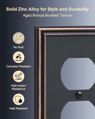 4-Pack Single Duplex Outlet Cover Plate, Decorative Aged Bronze Switch Plates and Outlet Covers, Metal Wall Plates for Electrical Outlets, 1 Gang Receptacle Cover, Corrosion Resistant - Image 3