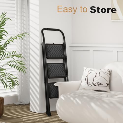 HBTower 3 Step Ladder, 3 Step Stool for Adults, 3 Step Ladder Folding Step Stool with Cushioned Handle Step Ladder with Wide Pedal Ergonomic Design,Black - Image 5