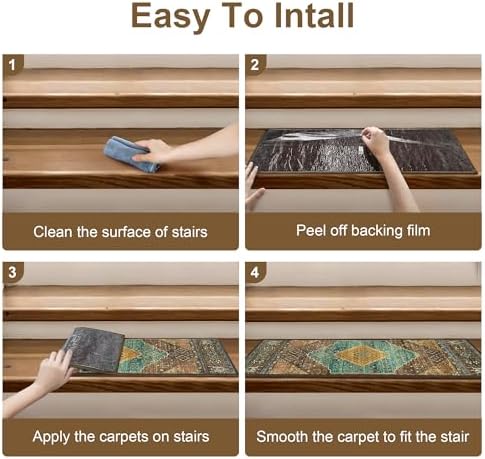 Carpet Stair Treads Non Slip 15PCS, 8" X 30" Edging Stair Runner for Wooden Steps Indoor, Resistant Stair Rug with Reusable TPE Adhesive Backing, Residue Free Mat for Elders, Pets, Amber&Cyan - Image 6