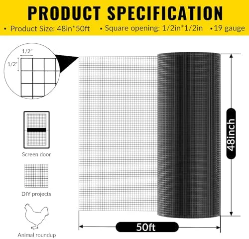 Hardware Cloth PVC Coated Wire Mesh 48'' x 50' 1/2inch Mesh Black Vinyl Coated Fence Chicken Wire Fencing 19 Gauge Chain Link Fence for Chicken Coop, Animal Control,Gutter Guard, and Home Improvement - Image 2