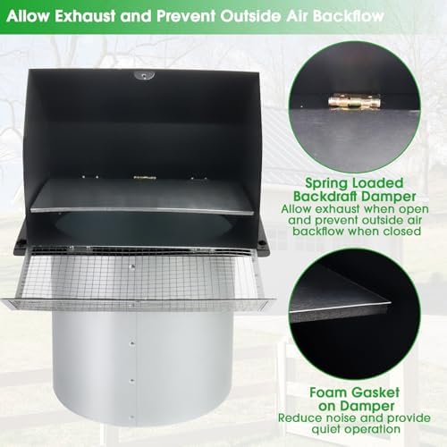 10 Inch Hooded Wall Vent with Screen and Damper,Outdoor Wall Exhaust Vent Cover Cap for Kitchen Range Hood HVAC Duct Dryer Ventilation&Outside Exterior Mount,Galvanized Steel,Black - Image 4