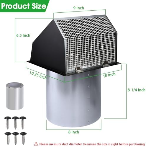 8 Inch Wall Vent Hood Wall Exhaust Vent Cover Outdoor Hooded Wall Vent with Screen and Damper,Wall Vent Cover Cap Exterior Air Exhaust for Kitchen Range Hood HVAC Duct Dryer Vent,Galvanized Steel - Image 2