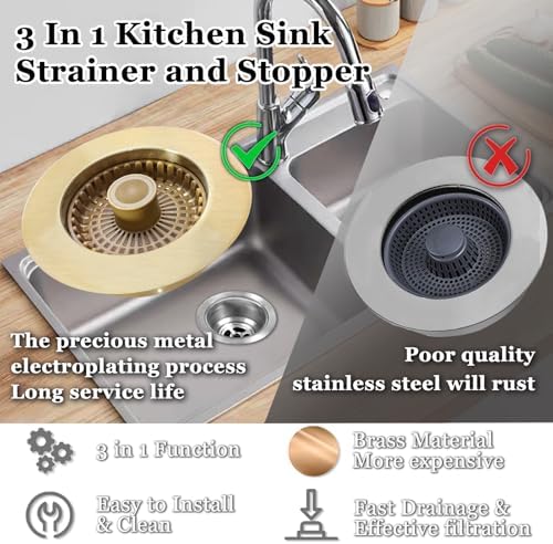 3 in 1 Kitchen Sink Stopper, Pop Up Kitchen Sink Drain Strainer, with an Extra Basket Strainer, Kitchen Sink Drain Stopper for US Standard 3-1/2 Inch, Brass Material Electroplate Gold - Image 4