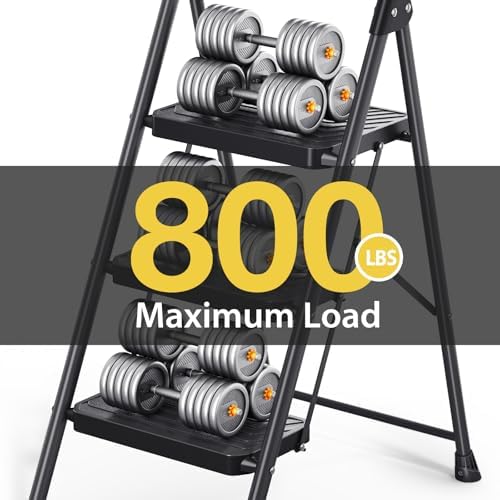 KINGRACK 3 Step Ladder, Sturdy Steel Step Stool with Anti-Slip Wide Pedals, Handrail, Safe-Lock Design, Pass 800lbs Load Testing, Folding Portable Ladder for Multi-Purpose, Home, Kitchen, Black - Image 4