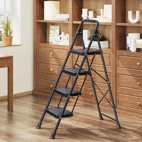 KINGRACK 4 Step Ladder, Sturdy Steel Step Stool with Anti-Slip Wide Pedals, Handrail, Safe-Lock Design, Pass 800lbs Load Testing, Folding Portable Ladder for Multi-Purpose, Home, Kitchen, Black - Image 8