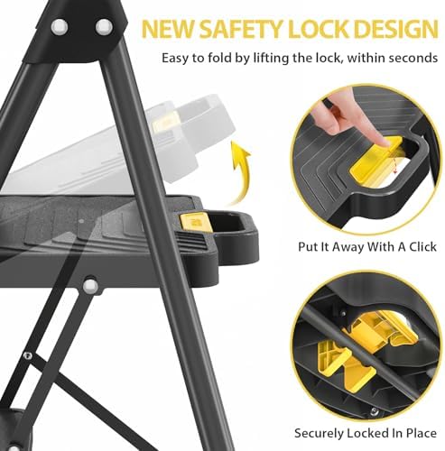 KINGRACK 5 Step Ladder, Sturdy Steel Step Stool with Anti-Slip Wide Pedals, Handrail, Safe-Lock Design, Pass 800lbs Load Testing, Folding Portable Ladder for Multi-Purpose, Home, Kitchen, Black - Image 2
