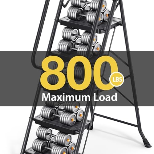 KINGRACK 5 Step Ladder, Sturdy Steel Step Stool with Anti-Slip Wide Pedals, Handrail, Safe-Lock Design, Pass 800lbs Load Testing, Folding Portable Ladder for Multi-Purpose, Home, Kitchen, Black - Image 4