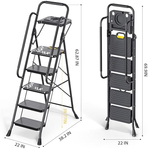 KINGRACK 5 Step Ladder, Sturdy Steel Step Stool with Anti-Slip Wide Pedals, Handrail, Safe-Lock Design, Pass 800lbs Load Testing, Folding Portable Ladder for Multi-Purpose, Home, Kitchen, Black - Image 9