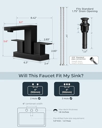 FORIOUS 4 Inch Centerset Bathroom Faucet Black 3 Hole or 2 Hole, Square Matte Black Bathroom Sink Faucet Centerset 4" with Metal Pop Up Drain, 24" CUPC Hose and Spare Water Saving Aerator - Image 7
