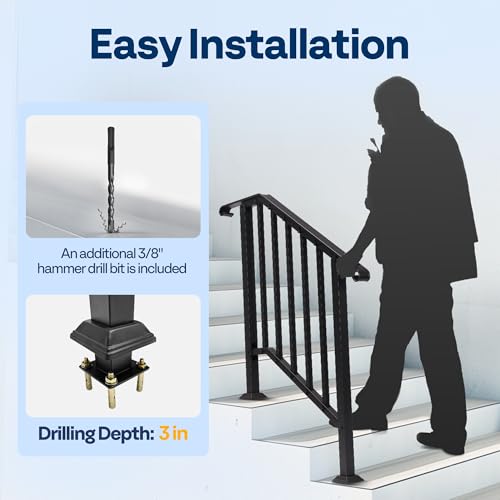 VIVOHOME 2-Pack Wrought Iron Hand Rails for Outdoor Steps – 27.1" Curved Ends and Safety Balusters Exterior Railing Kit for Porch, Deck, or Indoor Stairs (3-Step, Black) - Image 8