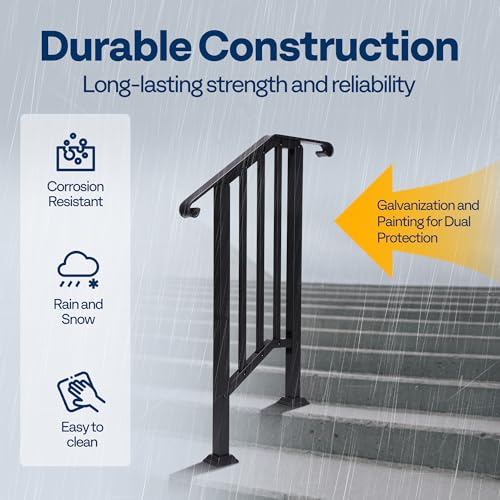 VIVOHOME 2-Pack Wrought Iron Hand Rails for Outdoor Steps – 13.5" Curved Ends and Safety Balusters Exterior Railing Kit for Porch, Deck, or Indoor Stairs (2-Step, Black) - Image 2