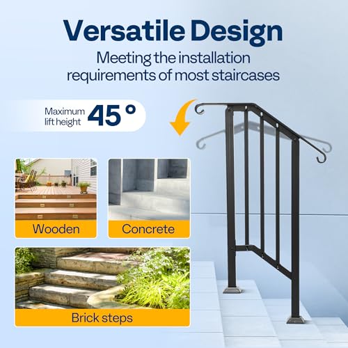 VIVOHOME 2-Pack Wrought Iron Hand Rails for Outdoor Steps – 13.5" Curved Ends and Safety Balusters Exterior Railing Kit for Porch, Deck, or Indoor Stairs (2-Step, Black) - Image 3