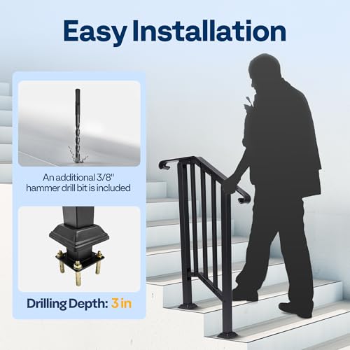 VIVOHOME 2-Pack Wrought Iron Hand Rails for Outdoor Steps – 13.5" Curved Ends and Safety Balusters Exterior Railing Kit for Porch, Deck, or Indoor Stairs (2-Step, Black) - Image 8