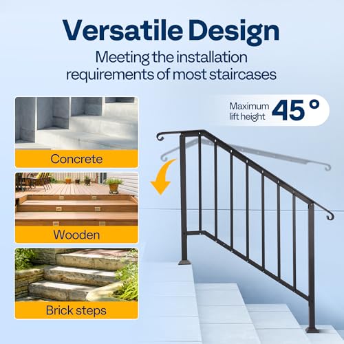 VIVOHOME 2-Pack Wrought Iron Hand Rails for Outdoor Steps – 40.6" Curved Ends and Safety Balusters Exterior Railing Kit for Porch, Deck, or Indoor Stairs (4-Step, Black) - Image 3