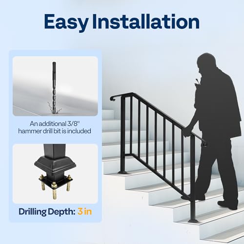 VIVOHOME 2-Pack Wrought Iron Hand Rails for Outdoor Steps – 40.6" Curved Ends and Safety Balusters Exterior Railing Kit for Porch, Deck, or Indoor Stairs (4-Step, Black) - Image 8