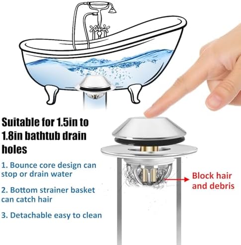 Bathtub Drain Stopper,Pop Up Tub Stopper Bottom with Drain Hair Catcher,Bathtub Plug and Cover with Strainer,Universal for 1.45 to 1.8in Drain Hole,Replaces Lift & Turn, Tip-Toe or Trip Lever - Image 2