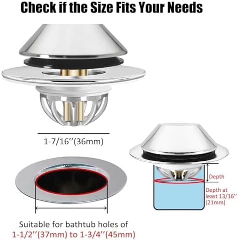 Bathtub Drain Stopper,Pop Up Tub Stopper Bottom with Drain Hair Catcher,Bathtub Plug and Cover with Strainer,Universal for 1.45 to 1.8in Drain Hole,Replaces Lift & Turn, Tip-Toe or Trip Lever - Image 4