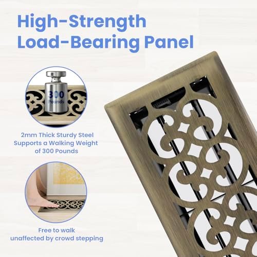 4x10 Inches Heavy Duty Walkable Floor Register Easy Adjust Air Supply Lever Floor Vents - Charlotte Design - Vent Cover for Home Floor - Antique Brass - Image 2