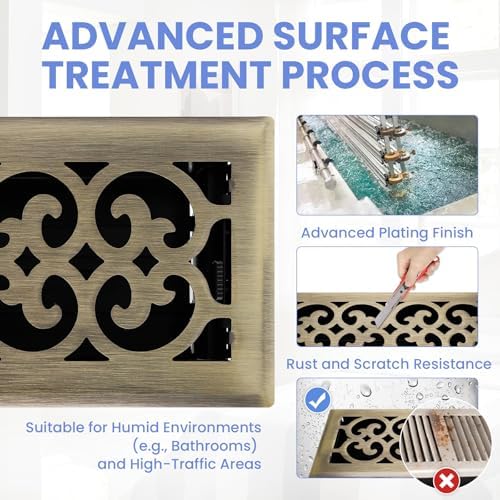 4x10 Inches Heavy Duty Walkable Floor Register Easy Adjust Air Supply Lever Floor Vents - Charlotte Design - Vent Cover for Home Floor - Antique Brass - Image 3