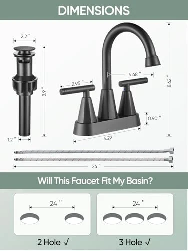 Cobbe Bathroom Faucets for Sink 3 Hole, 4 Inch with Pop Up Drain and 2 Supply Hoses, 2 Handle Centerset Bathroom Faucet for Sink Vanity, Midnight Black Matte, 2 Pack - Image 8