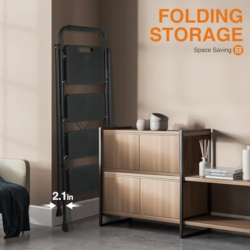 4 Step Ladder, Protable Steel Folding Stool with Wide Anti-Slip Pedal, 500lbs Sturdy Steel Ladder, Black - Image 5