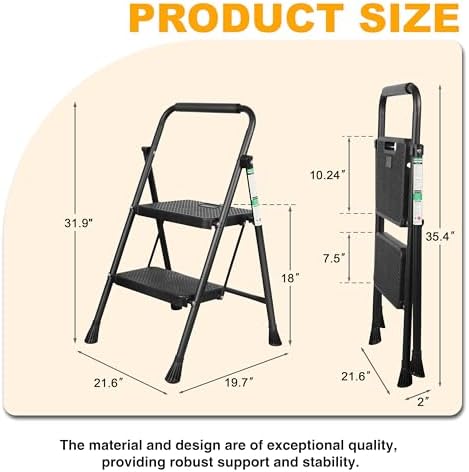 2 Step Ladder, Portable Steel Folding Step Stool with Wide Anti-Slip Pedal & Convenient Handgrip, 500lbs Sturdy Steel Ladder, Black - Image 4