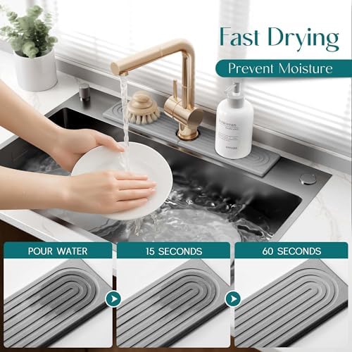 Faucet Mat for Kitchen Sink - Diatomaceous Earth Faucet Splash Guard, Fast Drying Sink Protector - Water Absorbing Stone for Bathroom Sink [Grey, 20'' x 3.9''] - Image 3