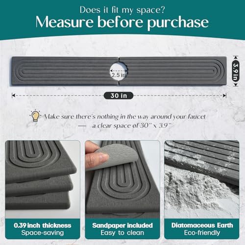 30 inch Kitchen Faucet Absorbent Mat - Diatomaceous Earth Splash Guard for Sink Faucet, Aesthetic Water Absorbing Stone Tray in The Modern Home [30" x 3.9", Dark grey] - Image 2