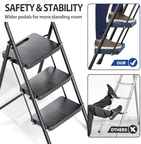 KINGRACK Folding 3 Step Ladder, Portable Ladder for Multi-Purpose, Home, Kitchen, Heavy Sturdy Steel Step Stool with Anti-Slip Wide Pedals, Handrail, Safe-Lock Design, Pass 500lbs Load Testing, Black - Image 5