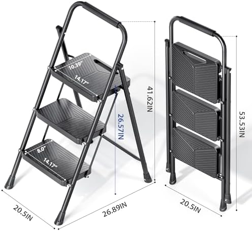 KINGRACK Folding 3 Step Ladder, Portable Ladder for Multi-Purpose, Home, Kitchen, Heavy Sturdy Steel Step Stool with Anti-Slip Wide Pedals, Handrail, Safe-Lock Design, Pass 500lbs Load Testing, Black - Image 7