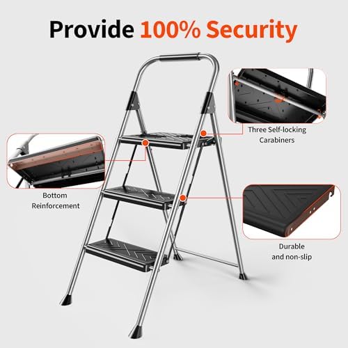 3 Step Ladder, Folding Step Stool with Anti-Slip Wide Pedal, Soft Handle, Anti-Slip Feet, Sturdiest Steel Construction, 900lbs Capacity Steel Ladder for Home and Office, Grey - Image 5