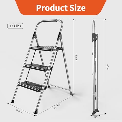 3 Step Ladder, Folding Step Stool with Anti-Slip Wide Pedal, Soft Handle, Anti-Slip Feet, Sturdiest Steel Construction, 900lbs Capacity Steel Ladder for Home and Office, Grey - Image 7