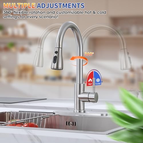 Kitchen Faucets with Pull Down Sprayer, High Arc Single Handle Stainless Steel Commercial Kitchen Faucet 1 or 3 Hole Sink Faucet for Farmhouse Camper Laundry Rv Bar, Brushed Nickel - Image 5
