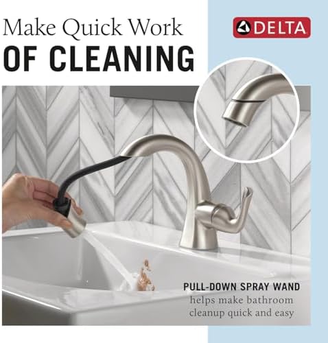 Delta Arvo 1 Hole Pull Down Bathroom Faucet with Sprayer, Brushed Nickel Single Hole Bathroom Sink Faucet with Pull Out Sprayer for Vanity, Push-Pop Drain, SpotShield Stainless 15840LF-SPPD - Image 2