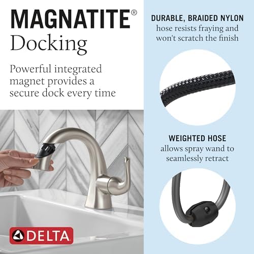 Delta Arvo 1 Hole Pull Down Bathroom Faucet with Sprayer, Brushed Nickel Single Hole Bathroom Sink Faucet with Pull Out Sprayer for Vanity, Push-Pop Drain, SpotShield Stainless 15840LF-SPPD - Image 3