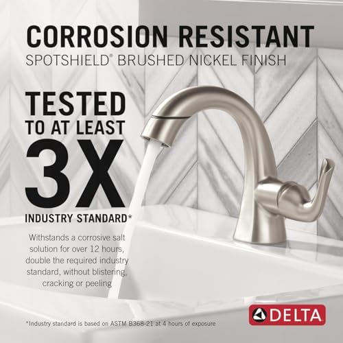 Delta Arvo 1 Hole Pull Down Bathroom Faucet with Sprayer, Brushed Nickel Single Hole Bathroom Sink Faucet with Pull Out Sprayer for Vanity, Push-Pop Drain, SpotShield Stainless 15840LF-SPPD - Image 4