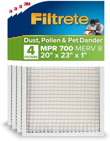 Filtrete 20x23x1 AC Furnace Air Filter, MPR 700, MERV 8, Tough on Pollen, Easy on Airflow, 3-Month Pleated 1-Inch Electrostatic Air Cleaning Filter, 4-Pack (Actual Size 19.69 x 22.69 x 0.81 in)