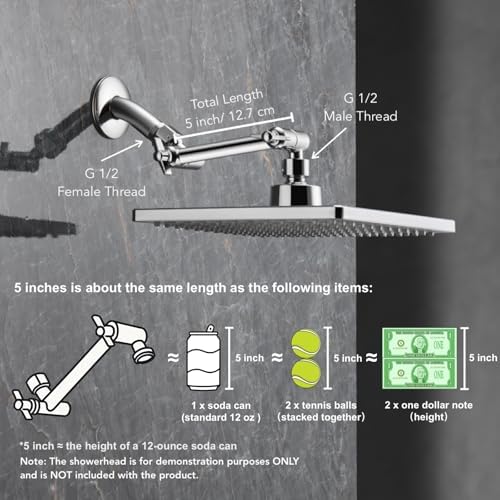 5 Inch Adjustable Shower Head Extension Arm With Locking Set Screw, Singing Rain Brass Chrome Angle Height Adjustable, Easy To Install, G1/2 Universal Connector Compatible (Chrome Finish) - Image 3