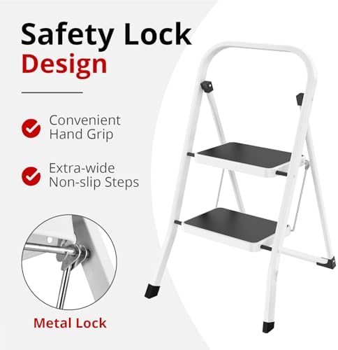 HBTower Step Ladder Folding Step Stool for Adults with Anti-Slip Pedal,330 lbs Capacity for Kitchen, Home,White - Image 2