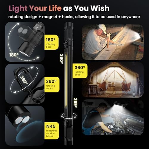 Work Light【AUTO ON/Off】 3000LM 5200mAh Under Hood LED Work Light with Hooks, Portable Magnetic Rechargeable Cordless Job Site Lighting for Mechanic/Car Repairing/Garage-Black - Image 5