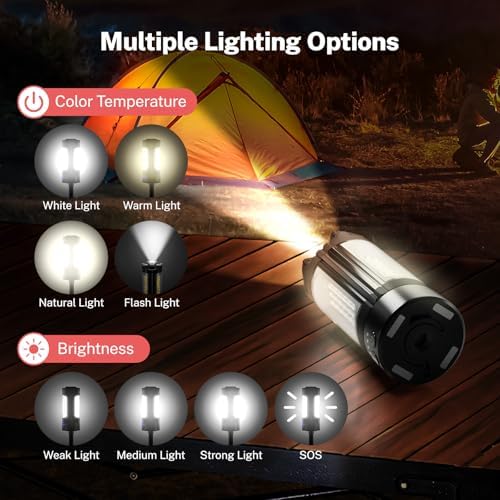 OGERY Rechargeable 10000mAh Camping Light with Stand 6.5 ft Max Height, Cordless Work Light with 3 LED Lamp Heads, 2200 Lumens Camping Essentials Gear Emergency Flashlight with Detachable Tripod - Image 4