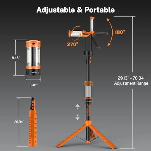 OGERY Rechargeable 10000mAh Camping Light with Stand 6.5 ft Max Height, Cordless Work Light with 3 LED Lamp Heads, 2200 Lumens Camping Essentials Gear Emergency Flashlight with Detachable Tripod - Image 8