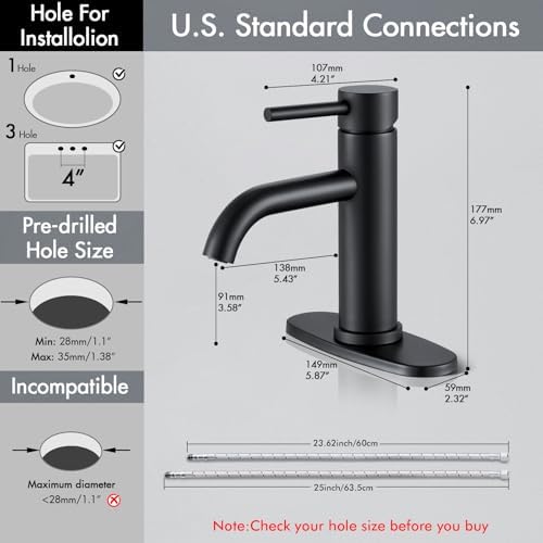 Black Bathroom Faucet, WINKEAR Single Hole Bathroom Faucet with Pop-up Drain and Flexible Hoses, Single Handle Faucet for Bathroom Sink, Vanity, RV, Modern Farmhouse, Suitable for 1 Hole or 3 Hole - Image 6